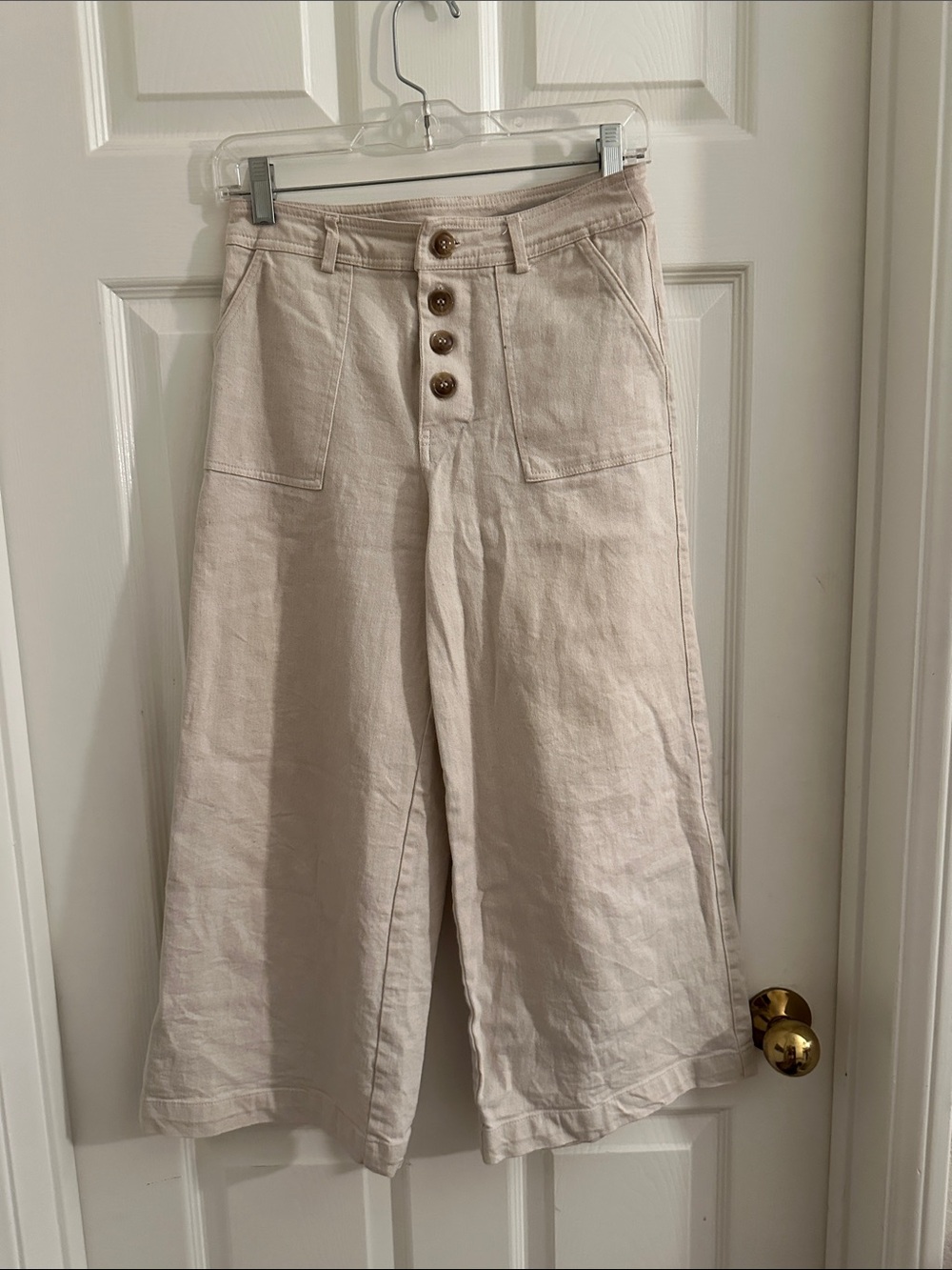High-Waist Wide Leg Button-Front Pants in Light Beige